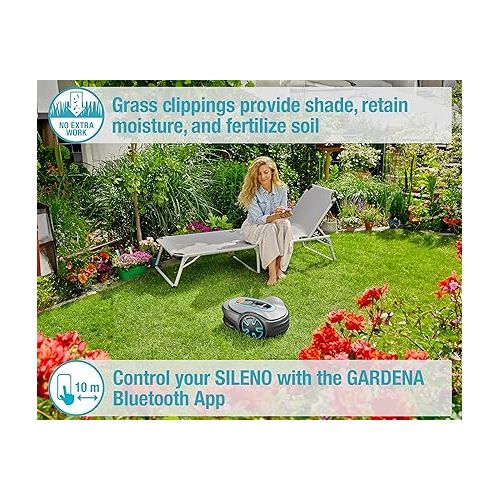  GARDENA SILENO Minimo Automatic Robotic Lawn Mower with Bluetooth app, Boundary Wire - For lawns up to 2700 Sq Ft, Made in Europe, Grey