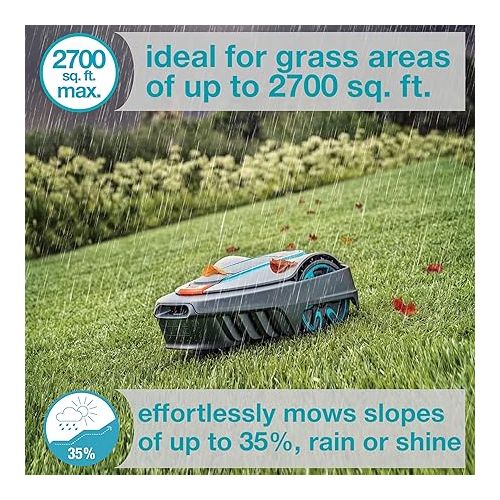  GARDENA 15001-20 SILENO City - Automatic Robotic Lawn Mower, with Bluetooth app and Boundary Wire, The quietest in its Class, for lawns up to 2700 Sq Ft, Made in Europe, Grey