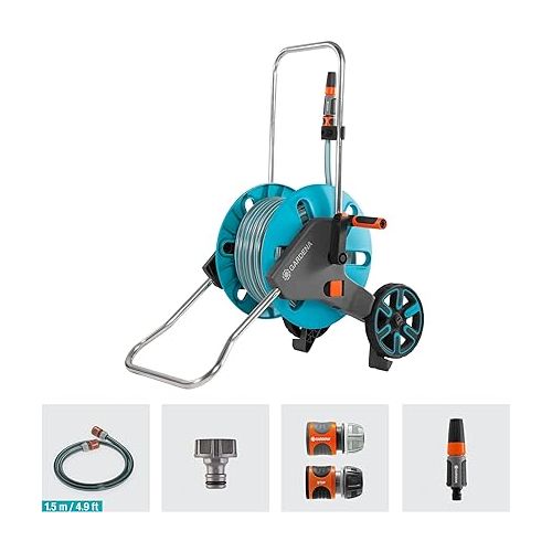  Gardena 18515-80 Frost Proof Hose Cart with Built-in Hose Guide, Includes 5 ft Connection Hose and Adapters, Holds 195 ft 1/2” Hose, Durable Construction, Made in Germany, 5 Year Warranty Turquoise