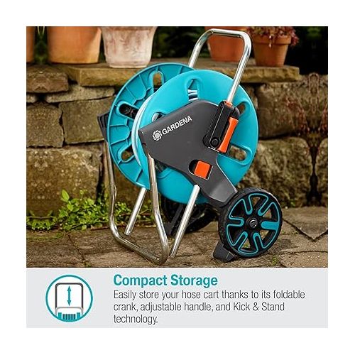  Gardena 18515-80 Frost Proof Hose Cart with Built-in Hose Guide, includes 5 ft Connection Hose and Adapters, Holds 195 ft 1/2” Hose, Durable Construction, Made in Germany, 5 Year Warranty Turquoise