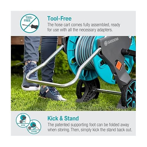  Gardena 18515-80 Frost Proof Hose Cart with Built-in Hose Guide, Includes 5 ft Connection Hose and Adapters, Holds 195 ft 1/2” Hose, Durable Construction, Made in Germany, 5 Year Warranty Turquoise