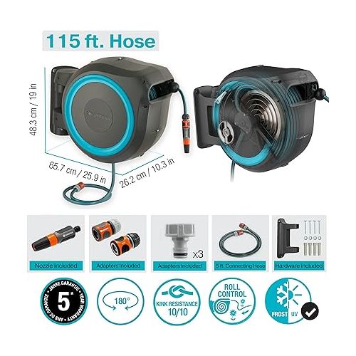  GARDENA 115' ft. Wall Mounted Retractable Hose Reel, Black and Turquoise
