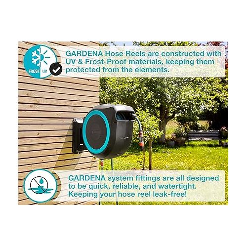  GARDENA 115' ft. Wall Mounted Retractable Hose Reel, Black and Turquoise