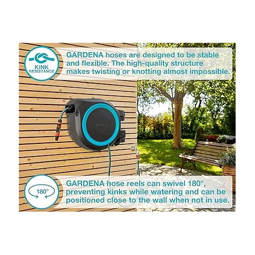  GARDENA 115' ft. Wall Mounted Retractable Hose Reel, Black and Turquoise