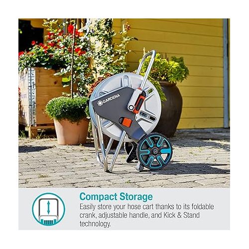  Gardena 18542-80 Frost Proof Metal Hose Cart, includes 65 ft Hose, 5 ft Connection Hose, Nozzle and Adapters, Holds 195 ft ½” Hose, Metal Construction, Made in Germany, 5 Year Warranty