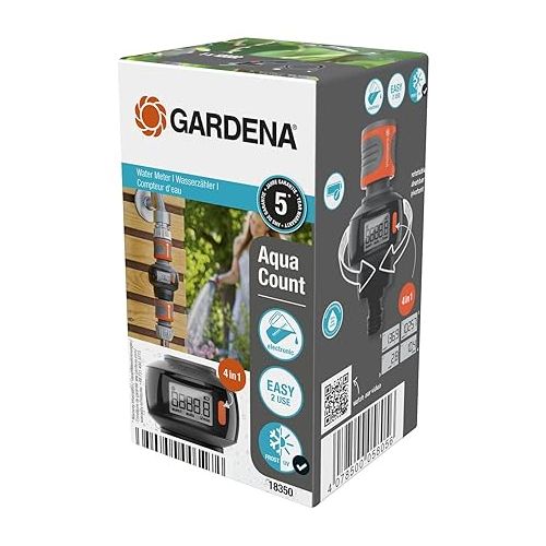  Gardena AquaCount Water Meter: for Tracked Water Consumption, Four Operating Modes, rotatable Display, Battery-Operated, UV-Resistant and Frost-Proof (18350-20)