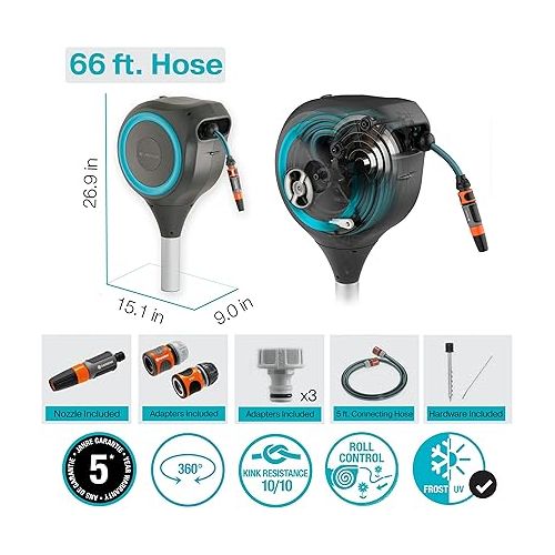  Gardena 18614-20 66 Foot Auto Retractable Hose Reel on Metal Spike, Feet, Standard, Turquoise