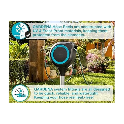  Gardena 18614-20 66 Foot Auto Retractable Hose Reel on Metal Spike, Feet, Standard, Turquoise