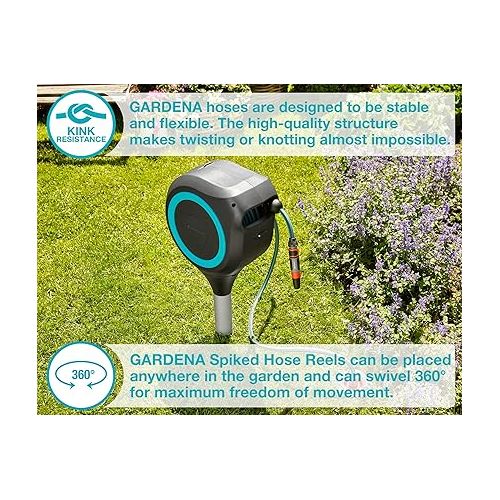  Gardena 18614-20 66 Foot Auto Retractable Hose Reel on Metal Spike, Feet, Standard, Turquoise