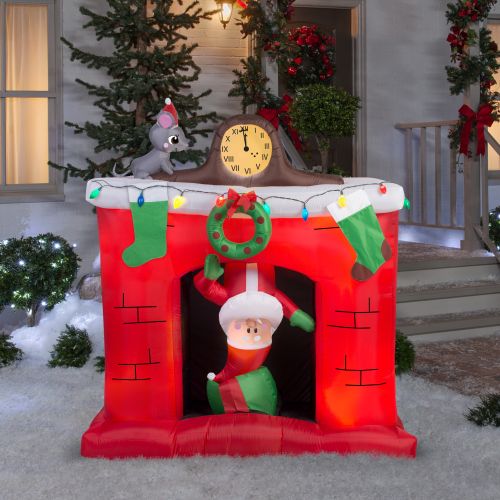 인플레터블 Gemmy Christmas Airblown Inflatable Santas Head Popping Down at Fireplace Scene