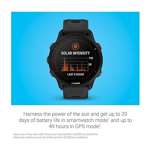 가민 Garmin 010-02638-00 Forerunner® 955 Solar, GPS Running Smartwatch with Solar Charging Capabilities, Tailored to Triathletes, Long-Lasting Battery, Black