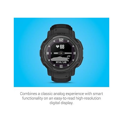 가민 Garmin Instinct Crossover Solar - Tactical Edition, Rugged Hybrid Smartwatch with Solar Charging Capabilities, Tactical-Specific Features, Analog Hands and Digital Display, Black