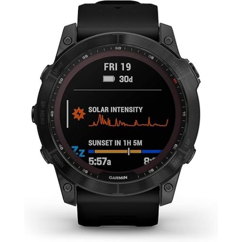 가민 Garmin fenix 7X Sapphire Solar, Larger sized adventure smartwatch, with Solar Charging Capabilities, rugged outdoor watch with GPS, touchscreen, wellness features, black DLC titanium with black band