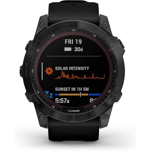 가민 Garmin fenix 7X Sapphire Solar, Larger sized adventure smartwatch, with Solar Charging Capabilities, rugged outdoor watch with GPS, touchscreen, wellness features, black DLC titanium with black band