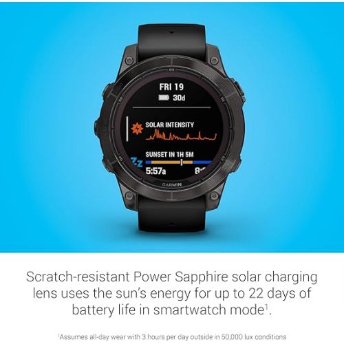 가민 Garmin f?nix 7 Pro Sapphire Solar, Multisport GPS Smartwatch, Built-in Flashlight, Solar Charging Capability, Black