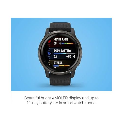 가민 Garmin Venu 2, GPS Smartwatch with Advanced Health Monitoring and Fitness Features, Slate Bezel with Black Case and Silicone Band , 27.9 mm