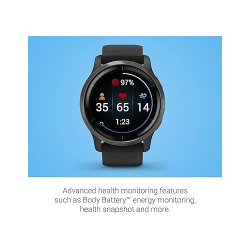 가민 Garmin Venu 2, GPS Smartwatch with Advanced Health Monitoring and Fitness Features, Slate Bezel with Black Case and Silicone Band , 27.9 mm