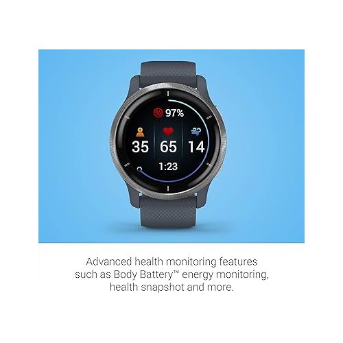 가민 Garmin 010-02430-00 Venu 2, GPS Smartwatch, Advanced Health Monitoring, Fitness Features, Silver Bezel with GraniteBlue Case and Silicone Band