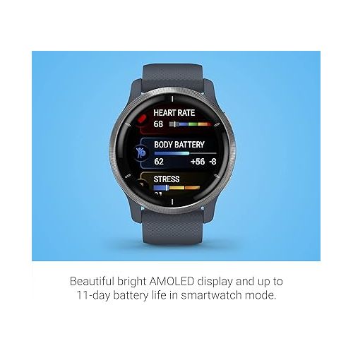 가민 Garmin 010-02430-00 Venu 2, GPS Smartwatch, Advanced Health Monitoring, Fitness Features, Silver Bezel with GraniteBlue Case and Silicone Band