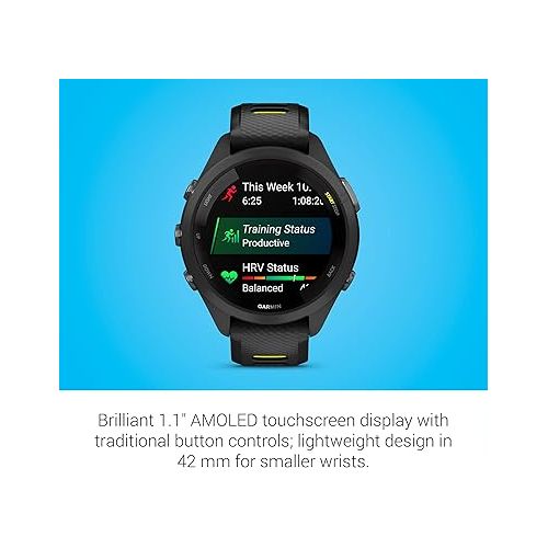 가민 Garmin Forerunner 265S Running Smartwatch, Colorful AMOLED Display, Training Metrics and Recovery Insights, Black and Amp Yellow, 42 mm