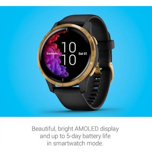 가민 Garmin 010-02173-31 Venu, GPS Smartwatch, Bright Touchscreen Display, Features Music, Body Energy Monitoring, Animated Workouts, Pulse Ox Sensor and More, Gold with Black Band