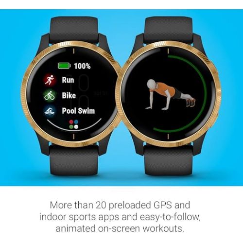 가민 Garmin 010-02173-31 Venu, GPS Smartwatch, Bright Touchscreen Display, Features Music, Body Energy Monitoring, Animated Workouts, Pulse Ox Sensor and More, Gold with Black Band