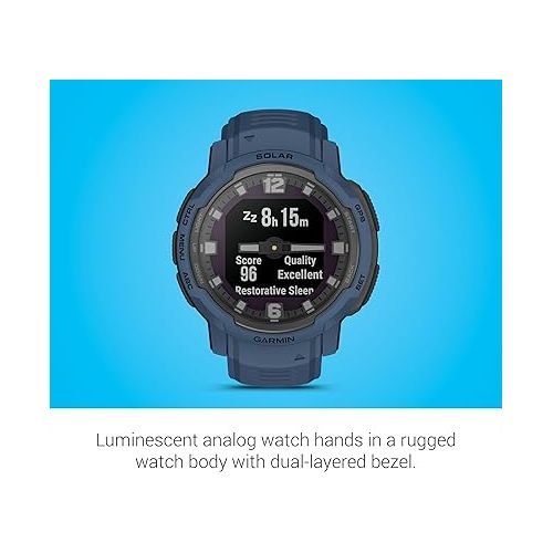 가민 Garmin Instinct Crossover Solar, Rugged Hybrid Smartwatch with Solar Charging Capabilities, Analog Hands and Digital Display, Tidal Blue, Adjustable