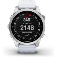 Garmin fenix 7S, Smaller sized adventure smartwatch, rugged outdoor watch with GPS, touchscreen, health and wellness features, silver with whitestone band (Renewed)