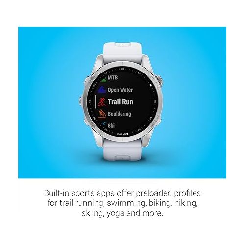 가민 Garmin fenix 7S, Smaller sized adventure smartwatch, rugged outdoor watch with GPS, touchscreen, health and wellness features, silver with whitestone band (Renewed)