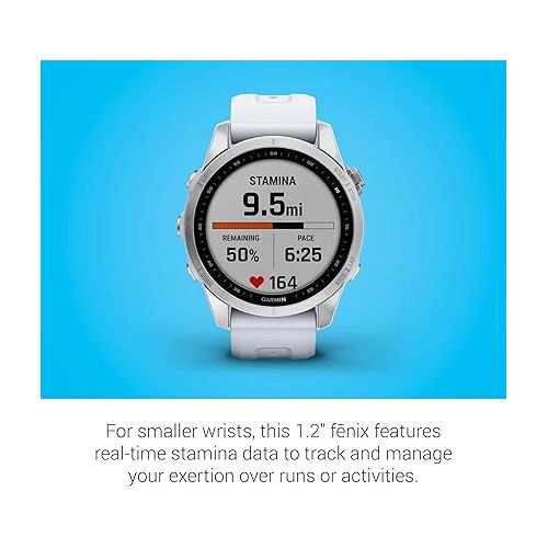 가민 Garmin fenix 7S, Smaller sized adventure smartwatch, rugged outdoor watch with GPS, touchscreen, health and wellness features, silver with whitestone band (Renewed)