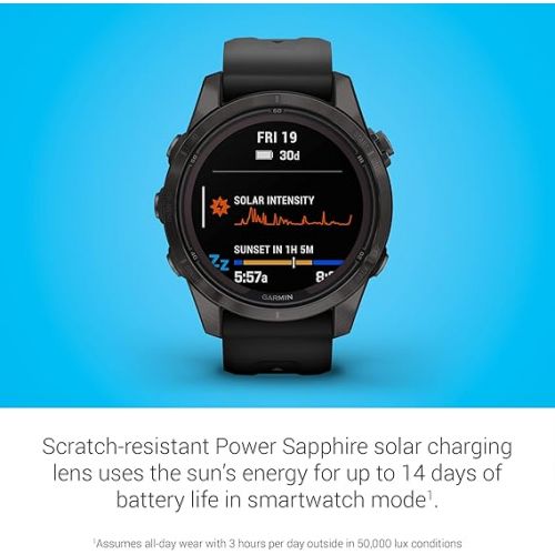 가민 Garmin f?nix 7S Pro Sapphire Solar, Multisport GPS Smartwatch, Built-in Flashlight, Solar Charging Capability, Black
