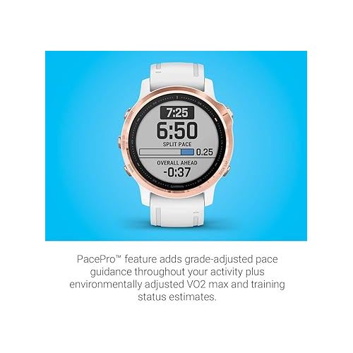 가민 Garmin Fenix 6S Pro, Premium Multisport GPS Watch, Smaller-Sized, Features Mapping, Music, Grade-Adjusted Pace Guidance and Pulse Ox Sensors, Rose Gold with White Band (Renewed)