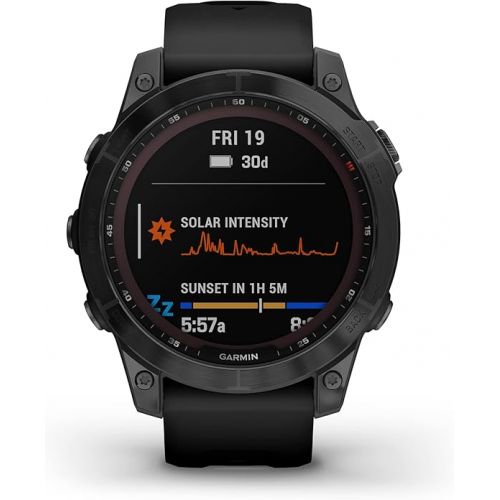 가민 Garmin 010-02540-34 fenix 7 Sapphire Solar, adventure smartwatch, Solar Charging Capabilities, rugged outdoor GPS watch, touchscreen, health and wellness features, Black DLC Titanium with Black Band