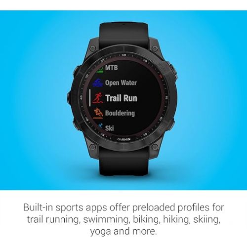 가민 Garmin 010-02540-34 fenix 7 Sapphire Solar, adventure smartwatch, Solar Charging Capabilities, rugged outdoor GPS watch, touchscreen, health and wellness features, Black DLC Titanium with Black Band