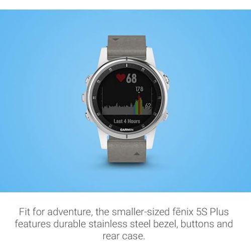 가민 Garmin fenix 5S Plus, Smaller-Sized Multisport GPS Smartwatch, Features Color Topo Maps, Heart Rate Monitoring, Music Contactless Payment, Silver/White with Gray Suede Band