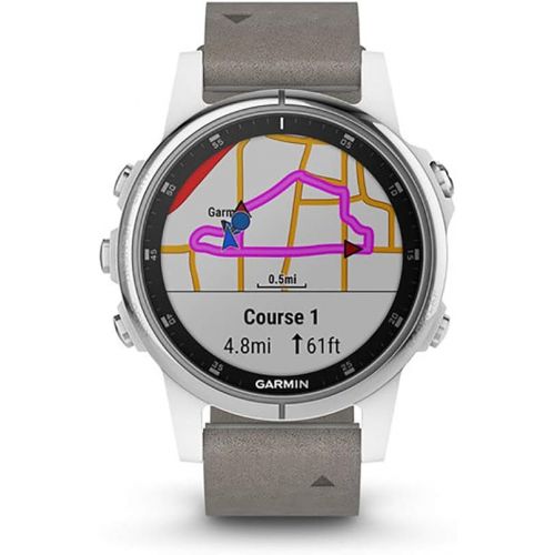 가민 Garmin fenix 5S Plus, Smaller-Sized Multisport GPS Smartwatch, Features Color Topo Maps, Heart Rate Monitoring, Music Contactless Payment, Silver/White with Gray Suede Band