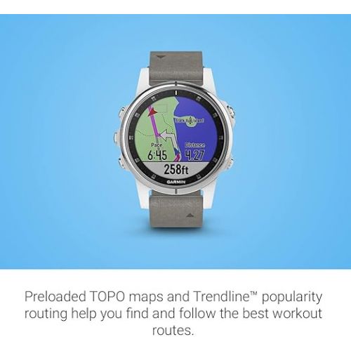 가민 Garmin fenix 5S Plus, Smaller-Sized Multisport GPS Smartwatch, Features Color Topo Maps, Heart Rate Monitoring, Music Contactless Payment, Silver/White with Gray Suede Band