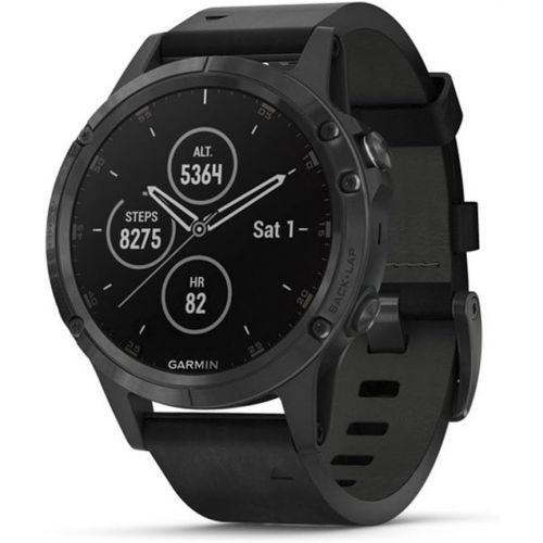 가민 Garmin fnix 5 Plus, Premium Multisport GPS Smartwatch, Features Color Topo Maps, Heart Rate Monitoring, Music and Pay, Black with Leather Band, Model:010-01988-06