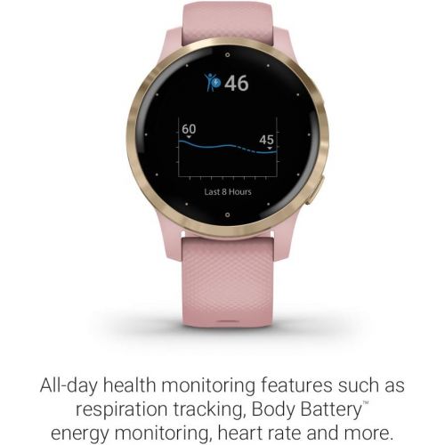 가민 Garmin vivoactive 4S, Smaller-Sized GPS Smartwatch, Features Music, Body Energy Monitoring, Animated Workouts, Pulse Ox Sensors and More, Light Gold with Light Pink Band