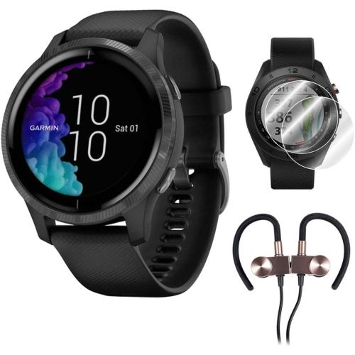 가민 Garmin Venu Amoled GPS Smartwatch (Gold,Black Band) + Wireless Headphones & More Bundle