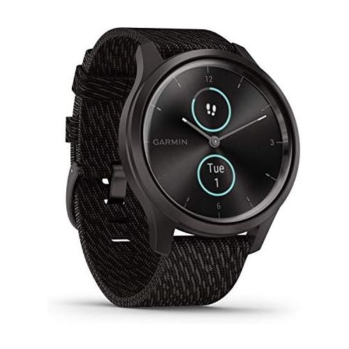 가민 Garmin vivomove Style, Hybrid Smartwatch with Real Watch Hands and Hidden Color Touchscreen Displays, Graphite with Black Woven Nylon Band
