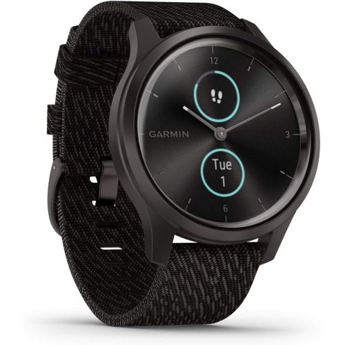 가민 Garmin vivomove Style, Hybrid Smartwatch with Real Watch Hands and Hidden Color Touchscreen Displays, Graphite with Black Woven Nylon Band