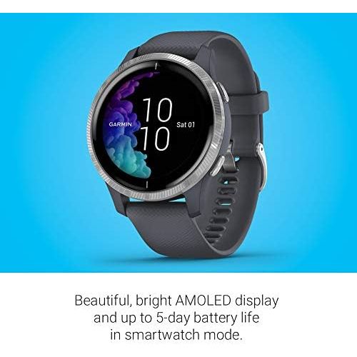 가민 Garmin Venu, GPS Smartwatch with Bright Touchscreen Display, Features Music, Body Energy Monitoring, Animated Workouts, Pulse Ox Sensors and More, Granite Blue and Silver