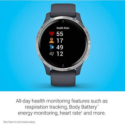 가민 Garmin Venu, GPS Smartwatch with Bright Touchscreen Display, Features Music, Body Energy Monitoring, Animated Workouts, Pulse Ox Sensors and More, Granite Blue and Silver