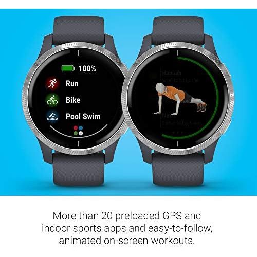 가민 Garmin Venu, GPS Smartwatch with Bright Touchscreen Display, Features Music, Body Energy Monitoring, Animated Workouts, Pulse Ox Sensors and More, Granite Blue and Silver