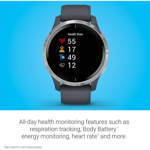 가민 Garmin Venu, GPS Smartwatch with Bright Touchscreen Display, Features Music, Body Energy Monitoring, Animated Workouts, Pulse Ox Sensors and More, Granite Blue and Silver