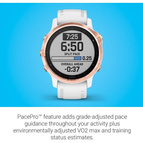 가민 Garmin Fenix 6S Pro, Premium Multisport GPS Watch, Smaller-Sized, features Mapping, Music, Grade-Adjusted Pace Guidance and Pulse Ox Sensors, Rose Gold with White Band