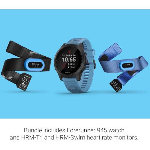 가민 Garmin Forerunner 945 Bundle, Premium GPS Running/Triathlon Smartwatch with Music, Blue & Forerunner 945 Replacement Band - Black