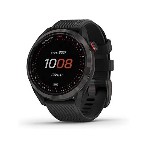 가민 Garmin Approach S42, GPS Golf Smartwatch, Lightweight with 1.2 Touchscreen, 42k+ Preloaded Courses, Gunmetal Ceramic Bezel and Black Silicone Band, 010-02572-10