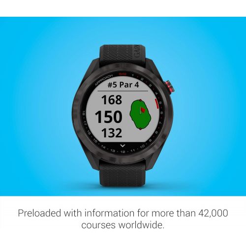 가민 Garmin Approach S42, GPS Golf Smartwatch, Lightweight with 1.2 Touchscreen, 42k+ Preloaded Courses, Gunmetal Ceramic Bezel and Black Silicone Band, 010-02572-10